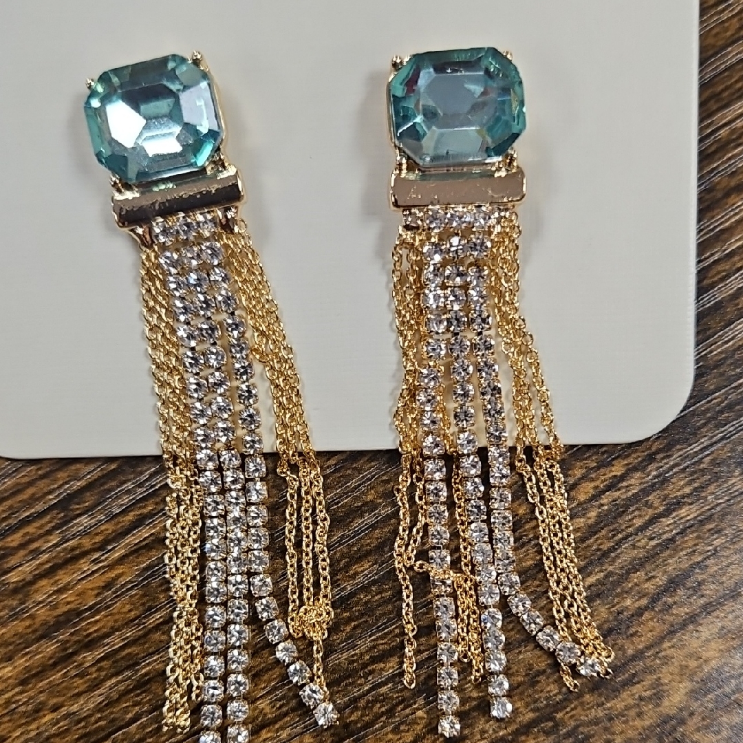Gold Tassel Drop Earrings With Teal Gemstone Accents - Women Jewelry
